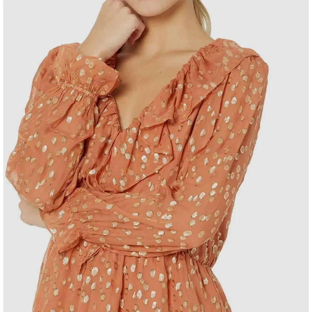 $348 Marie Oliver Womens Orange Silk Metallic V-Neck Una Mini Dress Size M - Picture 2 of 4